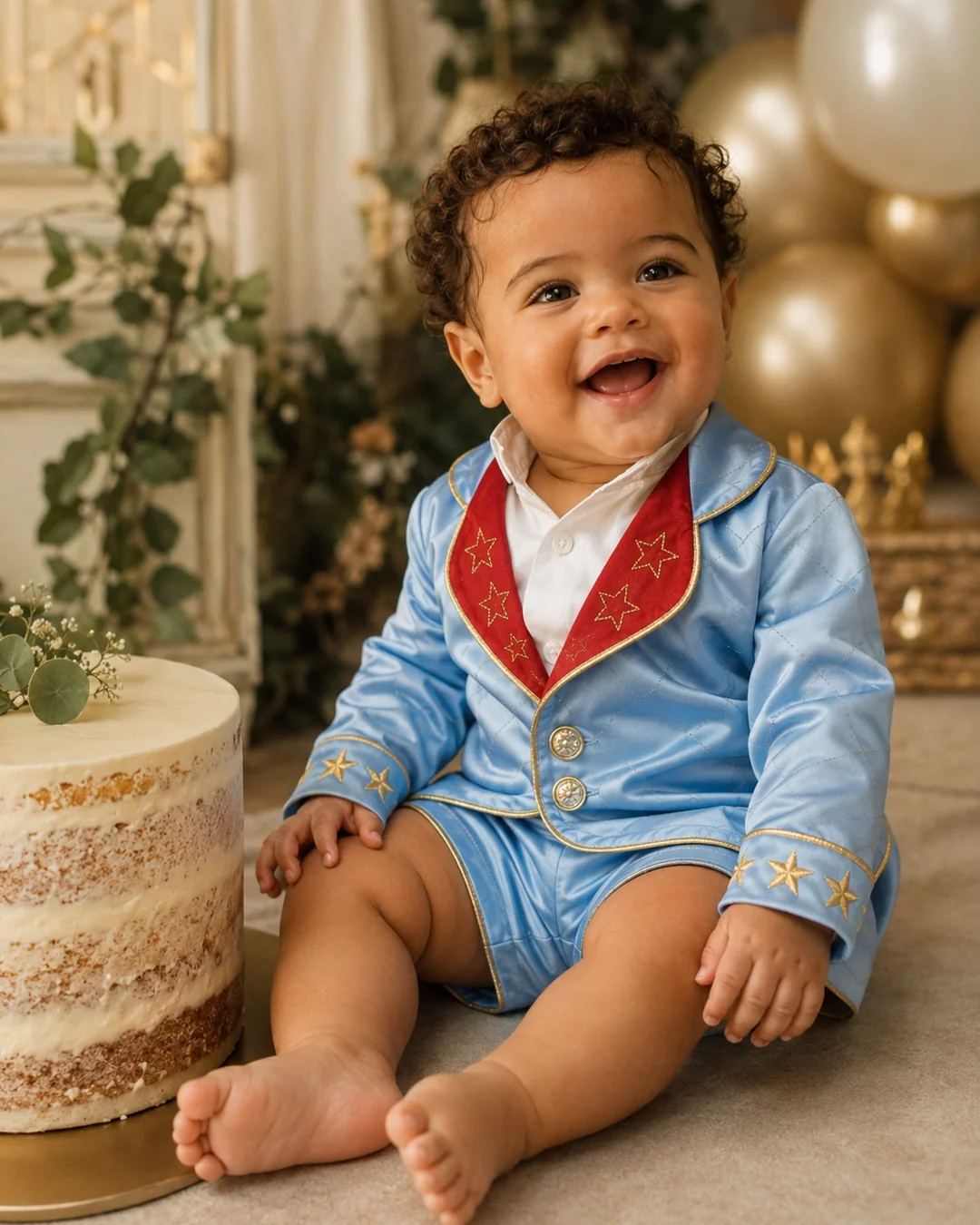 Aniversário de 1 ano · bebê vestindo o Príncipe Luxo azul · festa realeza