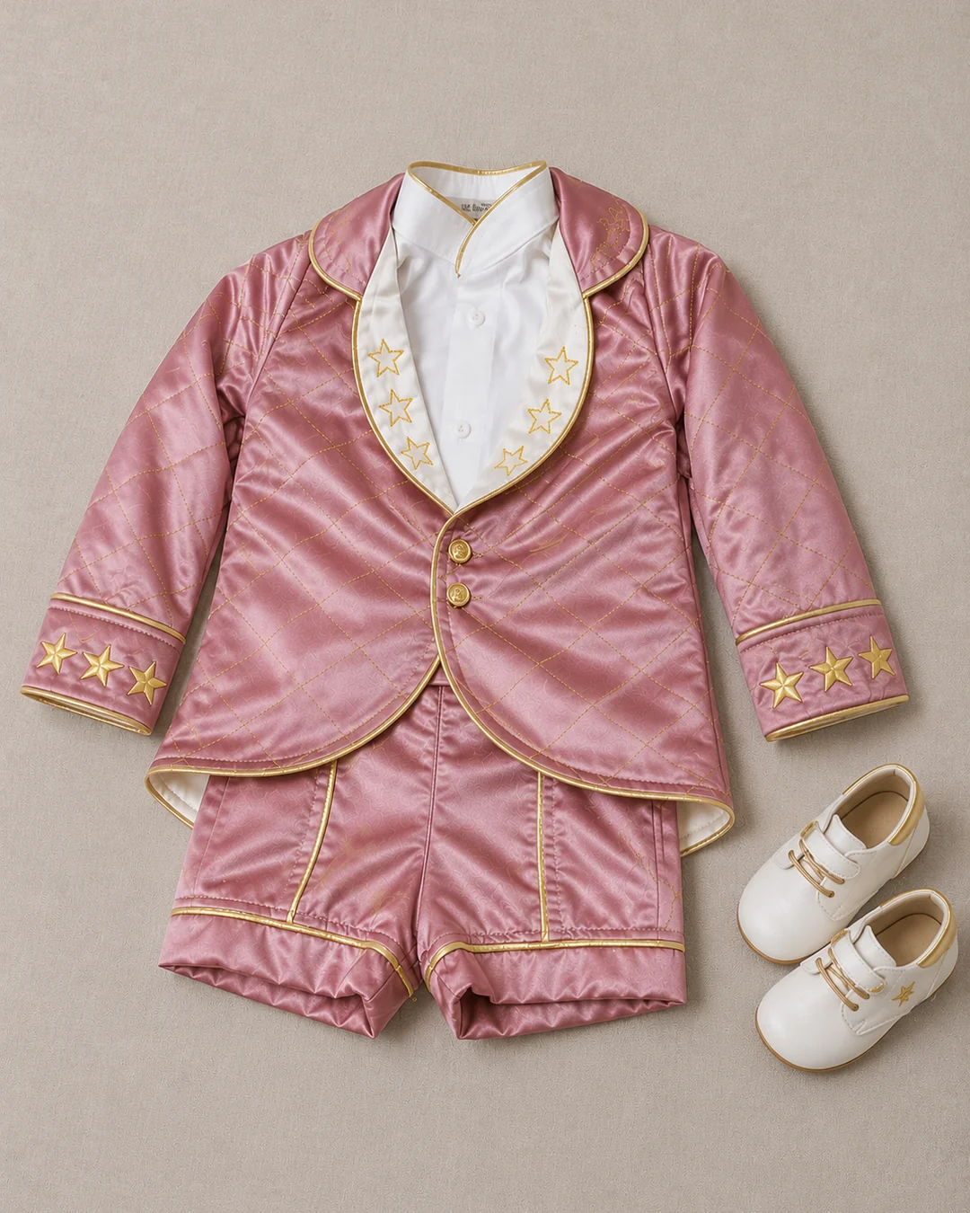 Conjunto Príncipe Luxo na cor Rosa-príncipe · lapela marfim com estrelas douradas · cetim matelassê