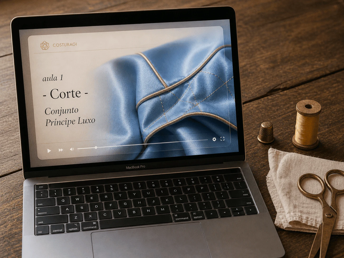 MacBook em bancada de ateliê mostrando aula do Projeto Príncipe Luxo