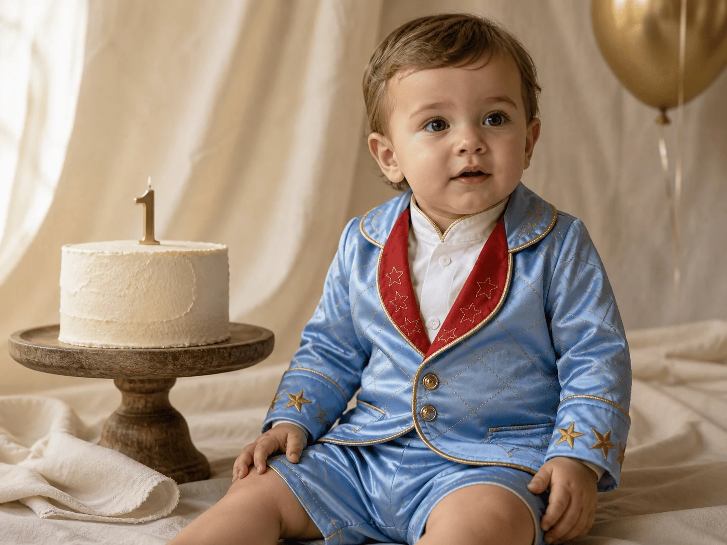 Paleta Festa 1 ano · azul céu + cardeal + dourado · cetim com matelassê · evento-âncora