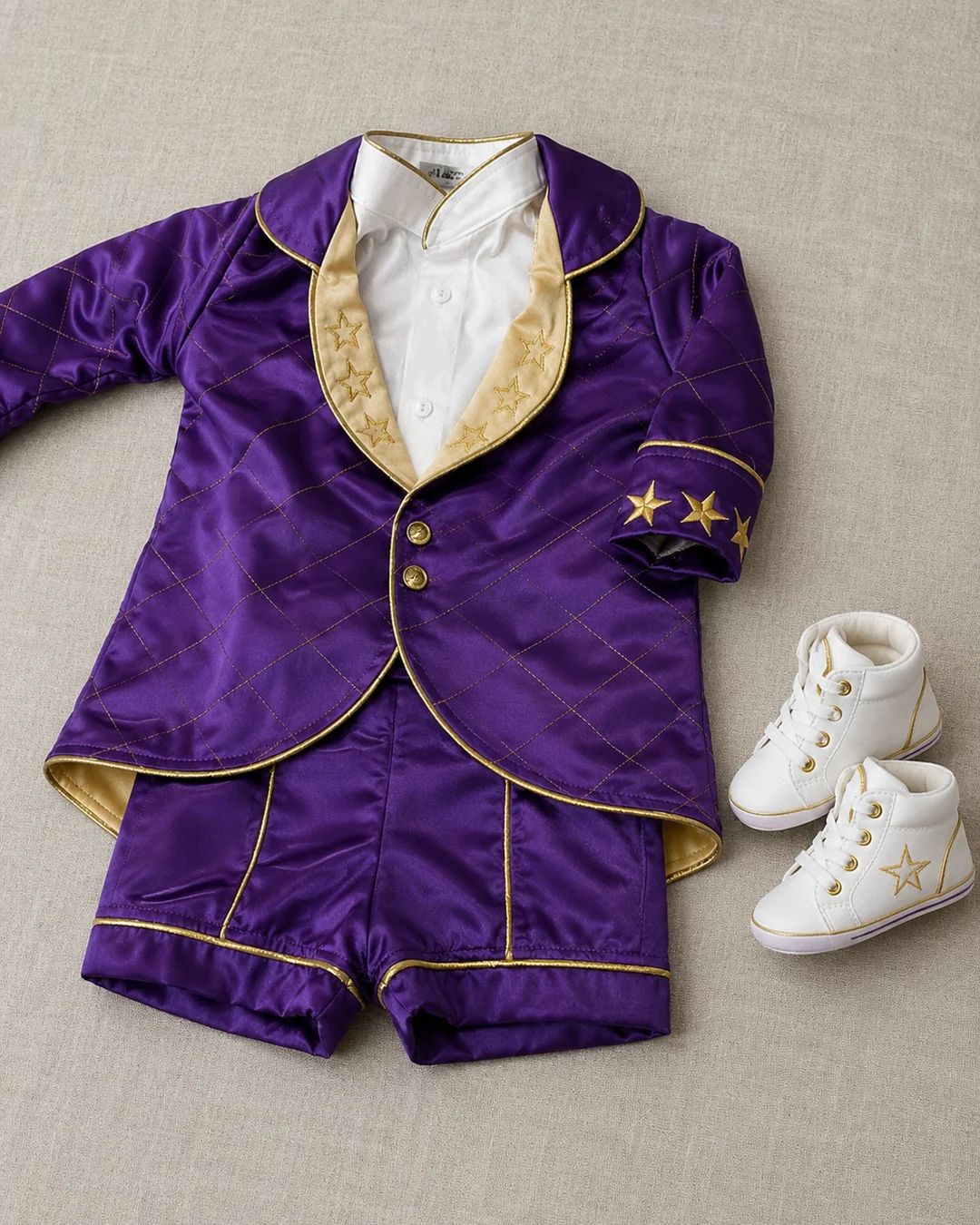 Conjunto Príncipe Luxo tema Púrpura Real · cetim roxo com lapela champagne e estrelas douradas · coroa bordada