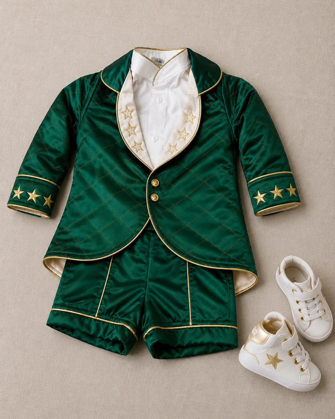 Conjunto Príncipe Luxo tema Esmeralda · cetim verde esmeralda com lapela marfim e estrelas douradas · coroa bordada