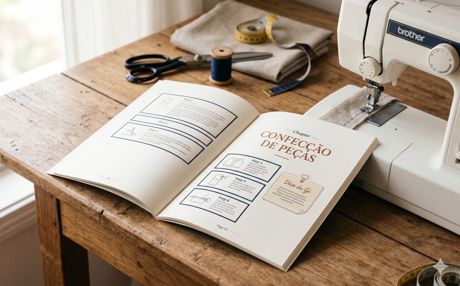 Manual Príncipe Luxo aberto sobre bancada de madeira com máquina de costura, tesoura de alfaiate, carretel de linha premium e tecido de gabardine marfim