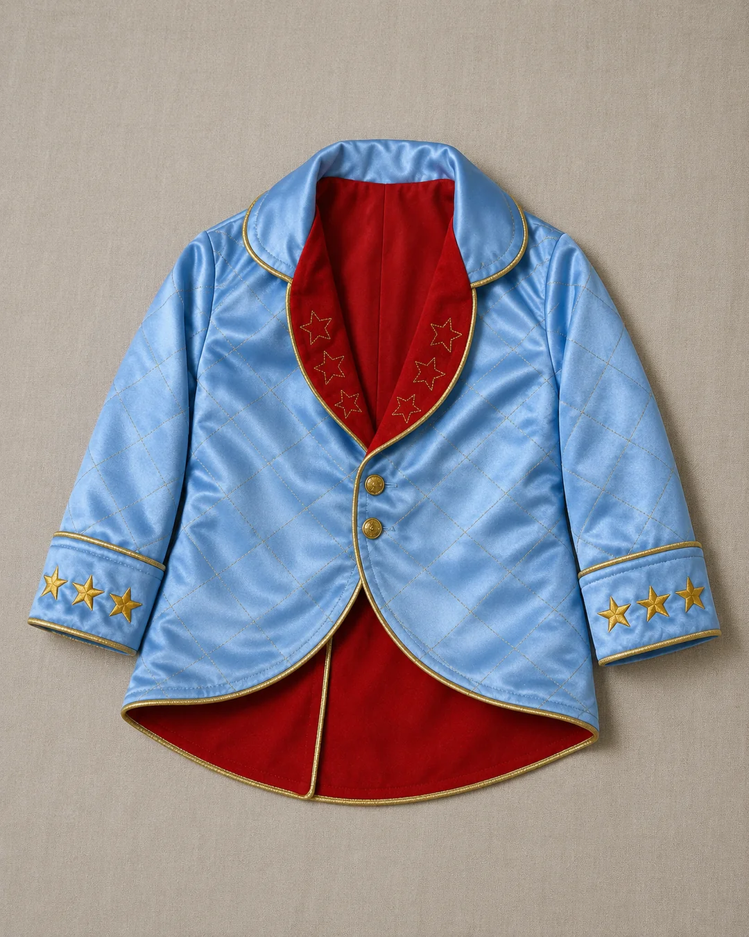 Casaco do Conjunto Príncipe Luxo · cetim azul com matelassê dourado · lapela cardeal com estrelas · forro embutido