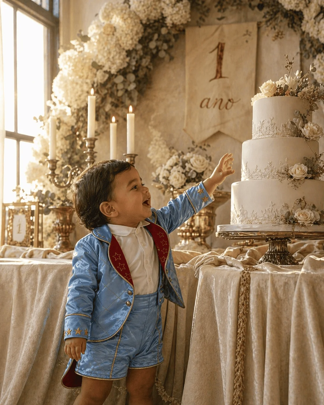 Bebê brasileiro de 10 meses vestindo o Conjunto Príncipe Luxo completo no colo da madrinha — mulher em seus 30 anos com vestido de seda marfim — dentro de igreja barroca colonial brasileira em estilo Minas Gerais, pia batismal em pedra esculpida, teto de madeira pintada com ornamentos dourados, luz de tarde atravessando vitrais, bebê olhando curioso para a câmera