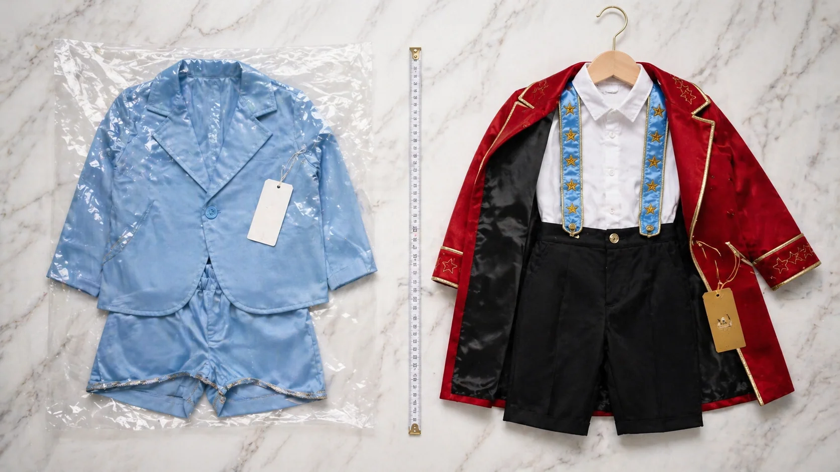Comparativo lado a lado em superfície de mármore claro · à esquerda: macacão fast-fashion infantil em cetim azul claro embalado em saco plástico com etiqueta de preço pendurada (referência Shein/Zara Kids · acabamento industrial) · à direita: Conjunto Príncipe Luxo pendurado em cabide de madeira escura · casaco vermelho cardeal com forro azul céu, suspensório azul com galões dourados e estrelinhas, camisa branca, short preto · etiqueta craft Costuragi presa por fita caramelo · contraste produto industrial vs ateliê artesanal
