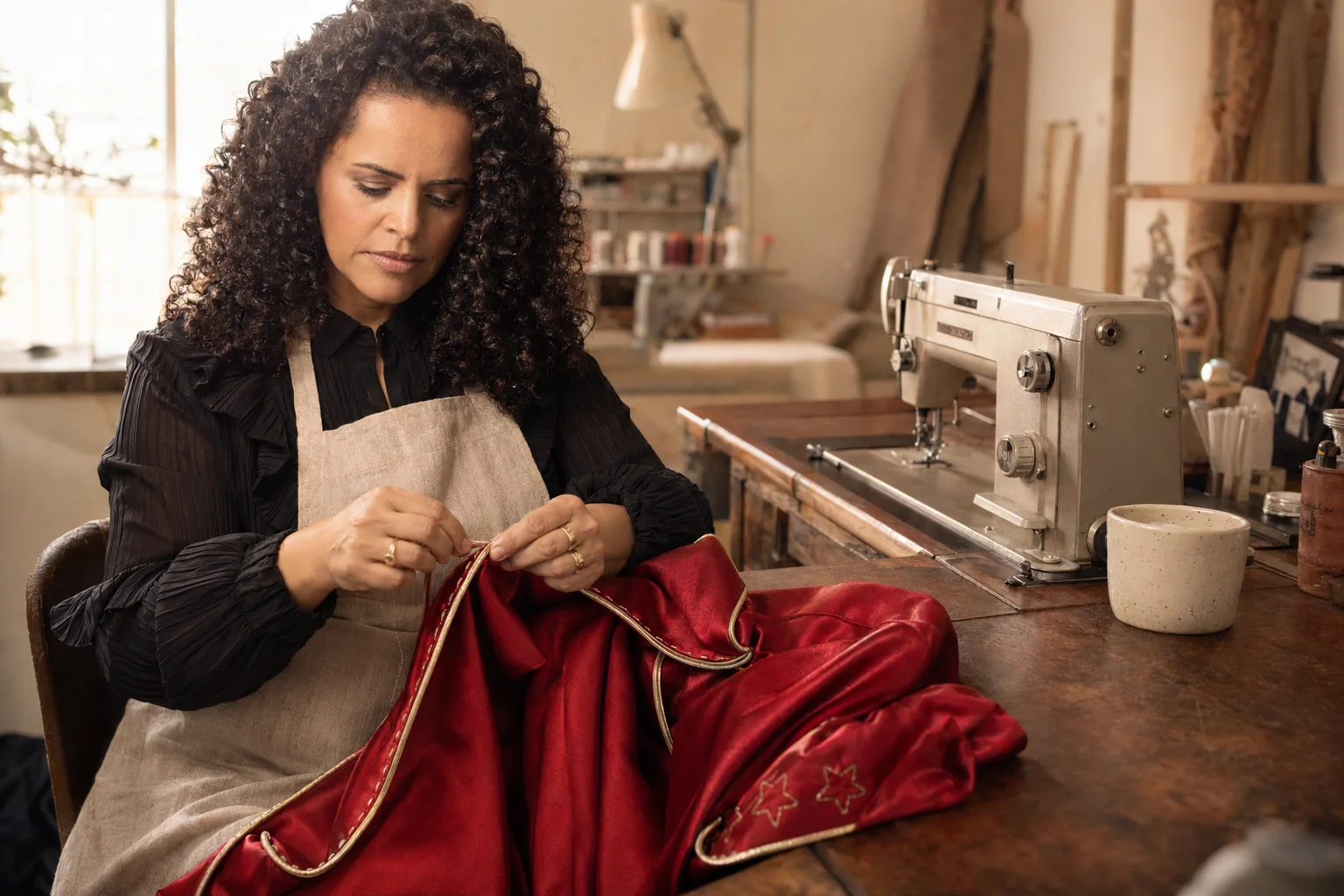 A Gi (modelista e fundadora do Costuragi) costurando à mão no ateliê dela · 25 anos de bancada · acabamento à mão na peça-assinatura