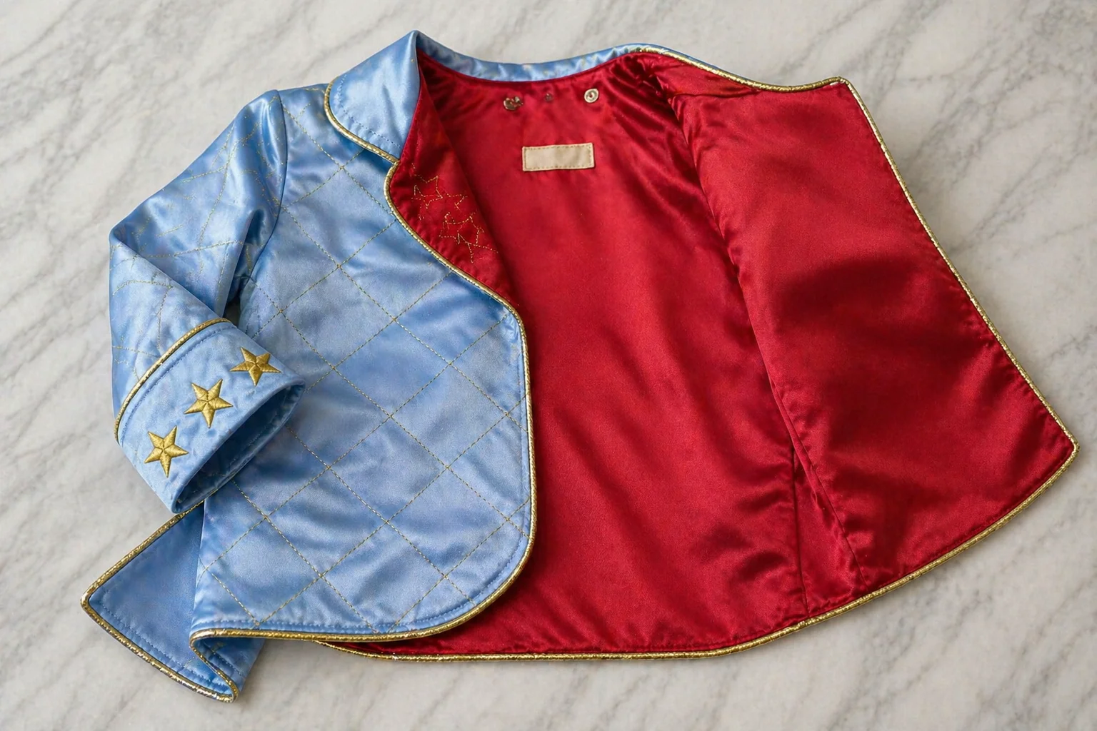 Casaco do Conjunto Príncipe Luxo aberto em flat-lay sobre fundo de mármore claro · cetim azul céu brilhante por fora com matelassê dourado em diamante, forro interno em cetim vermelho cardeal com pequena etiqueta craft Costuragi · costuras embutidas, zero overlock visível · alfaiataria adulta traduzida ao corte infantil
