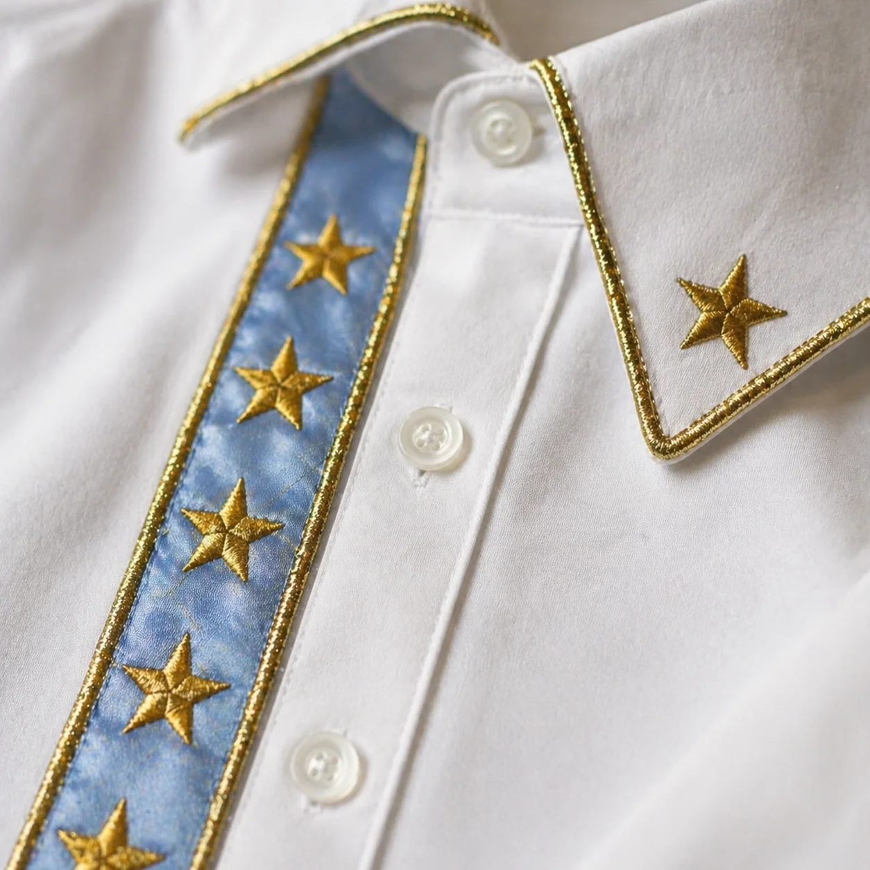Macro da camisa branca do Conjunto Príncipe Luxo · galões verticais em cetim azul céu com viés dourado nas bordas e estrelinhas douradas bordadas correndo pela frente da camisa · colarinho com vivo dourado e uma estrela dourada bordada no bico · pesponto fino tom-sobre-tom em linha bege