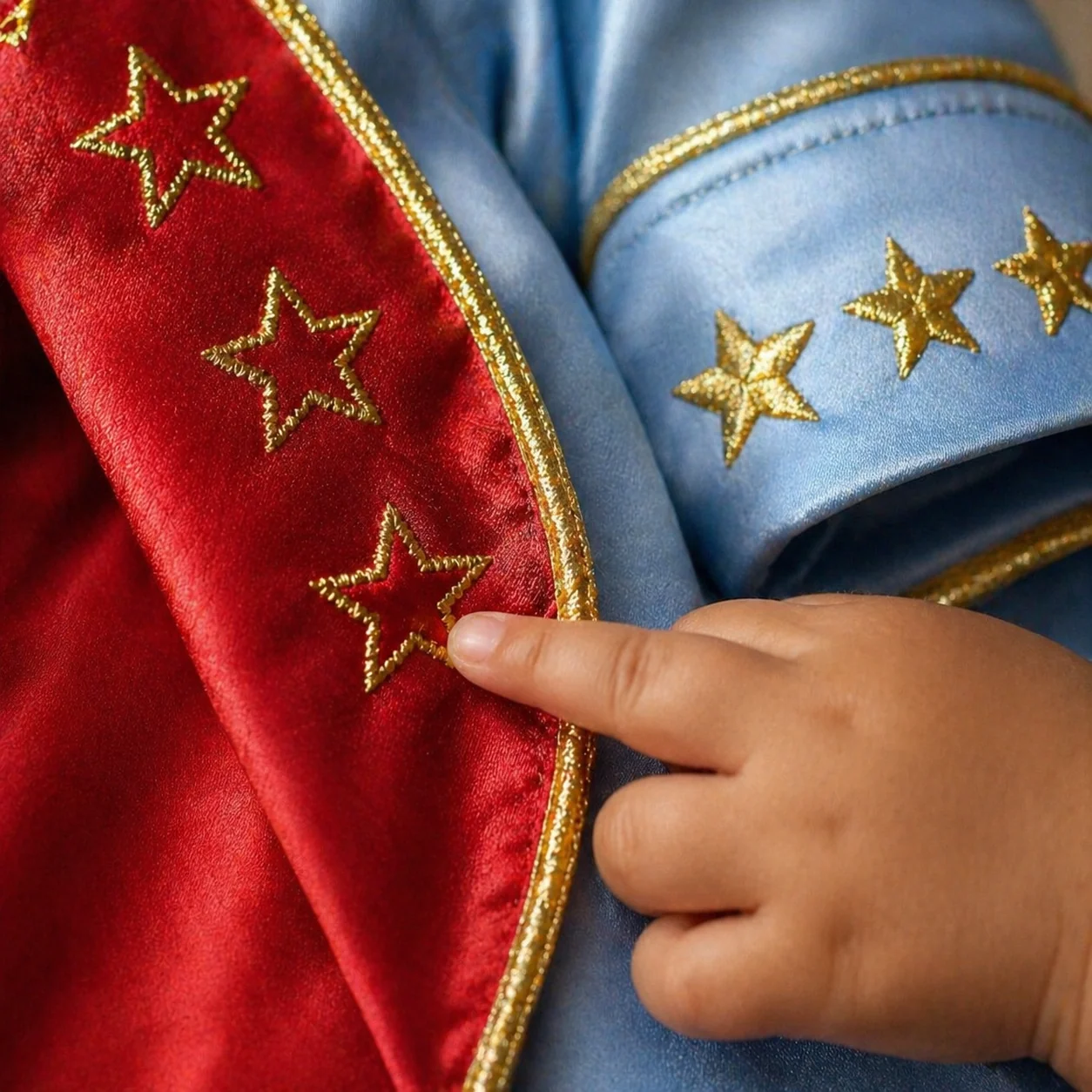Macro da gola cardeal vermelha do casaco com 4 estrelinhas douradas bordadas em linha metálica visíveis + sliver da manga em cetim azul céu com 3 estrelinhas douradas bordadas no punho · pequena mão de bebê tocando a gola · padrão de aplicação que aparece em toda a peça