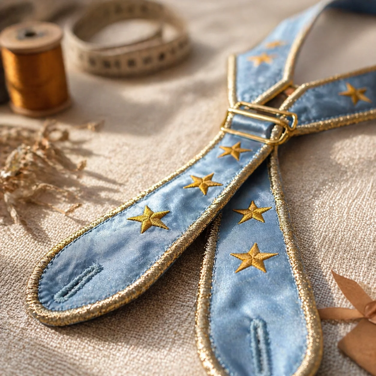 Macro do suspensório do Conjunto Príncipe Luxo deitado em flat-lay · veludo azul céu com vivo dourado curvo contornando a borda inteira + 8-10 estrelinhas douradas bordadas · fivela dourada metálica conectando as tiras · adereços de carretel cobre e flores secas douradas ao redor