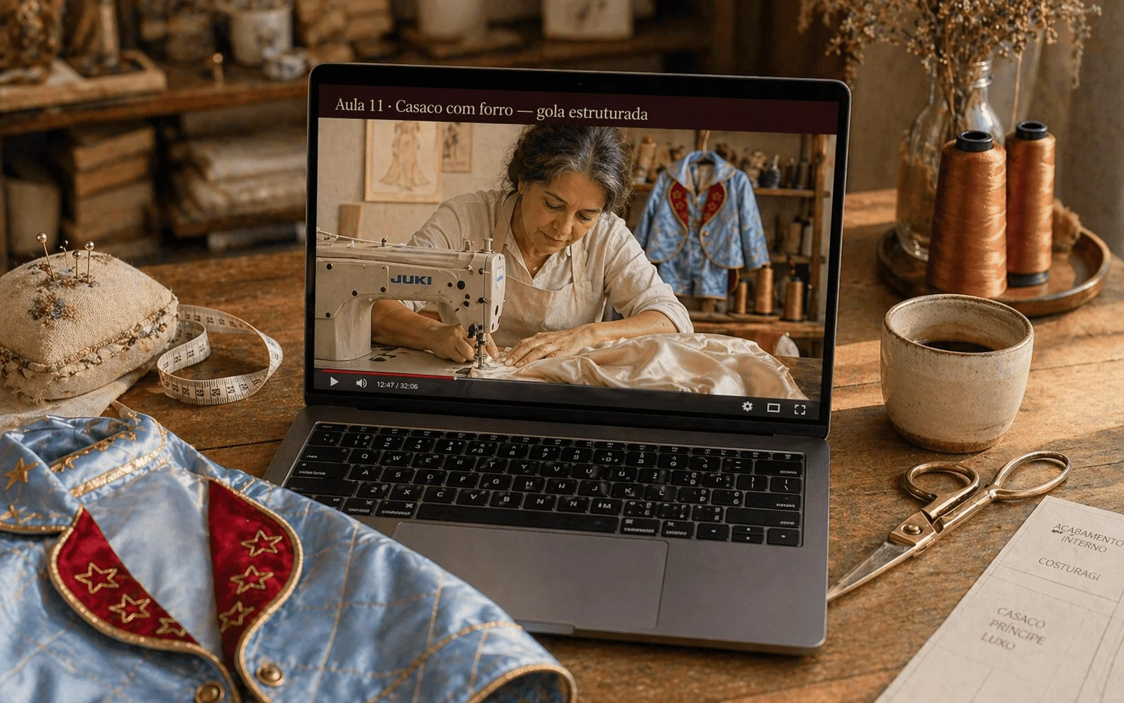 MacBook aberto em bancada de ateliê brasileiro mostrando Aula 11 do Conjunto Príncipe Luxo — Casaco com forro e gola estruturada, com a Gi costurando o forro de seda da peça ao fundo — casaco dobrado parcialmente visível, fita métrica enrolada, tesoura de bronze, xícara de café em caneca de cerâmica