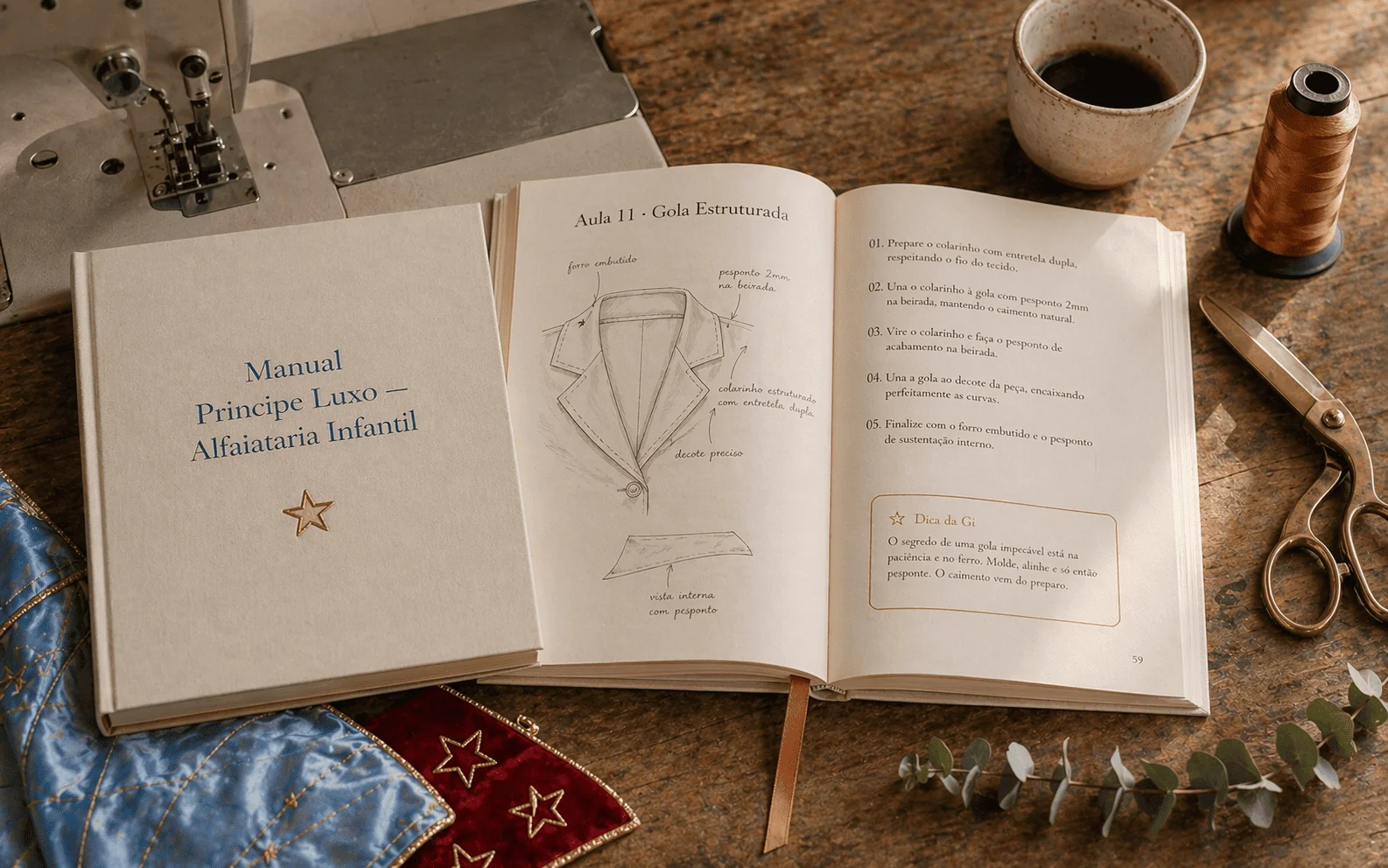 Manual Príncipe Luxo em capa dura A5 marfim aberto em bancada de ateliê — capa em Cormorant Garamond em azul midnight com estrela de 5 pontas em folha de cobre, páginas internas mostrando Aula 11 Gola Estruturada com diagrama técnico e Dica da Gi em caixa cobre, marcador de fita cobre pendurado — tecido cetim azul e veludo vermelho ao lado, tesoura de bronze, carretel cobre