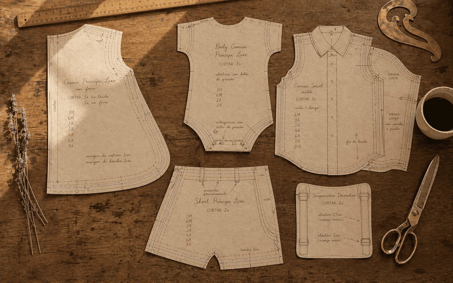 Moldes do Conjunto Príncipe Luxo impressos em papel kraft marfim sobre bancada de ateliê — 5 moldes distintos identificáveis: casaco com notas de forro em cursiva, body camisa bebê, camisa social com duas mangas sobrepostas, short com marcações de passadores e suspensório — régua, curva francesa e tesoura de alfaiate ao redor