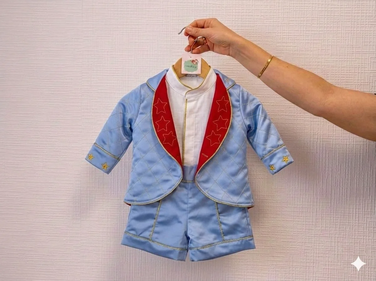 Conjunto Príncipe Luxo pendurado em cabide sobre parede texturizada clara — casaco em CETIM AZUL CÉU brilhante com matelassê dourado em padrão diamante e cauda de fraque, gola ampla em CETIM VERMELHO CARDEAL com 12-15 estrelinhas douradas bordadas, punhos com 3 estrelinhas douradas cada, forro vermelho visível na abertura, camisa branca com galões verticais azul céu+dourado e estrelinhas bordadas, short azul céu coordenado com vivo dourado contornando recortes laterais · estilo pajem cerimonial / Versalhes infantil