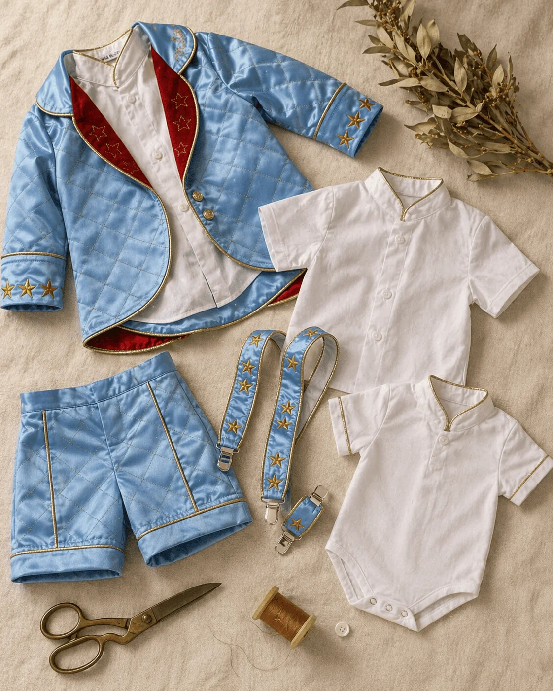 Flat-lay editorial do Conjunto Príncipe Luxo — casaco de cetim azul aberto revelando forro de seda champanhe, short combinando com friso dourado, camisa branca com botões de madrepérola, suspensório decorativo, body camisa do bebê ao lado, tesoura de alfaiate e carretel de cobre como props — fundo de linho cru marfim