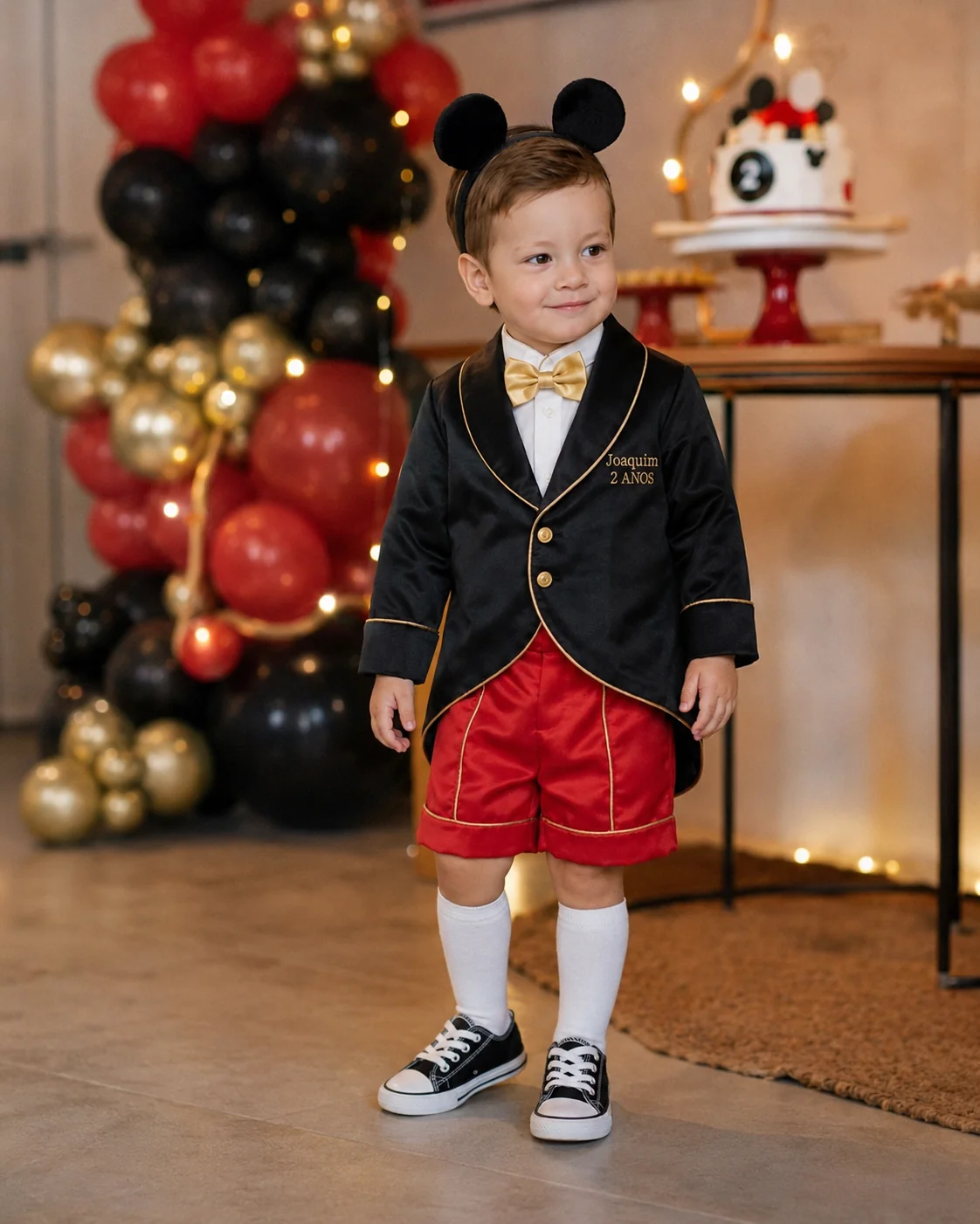 Conjunto Príncipe Luxo versão curta, short vermelho, tema Mickey