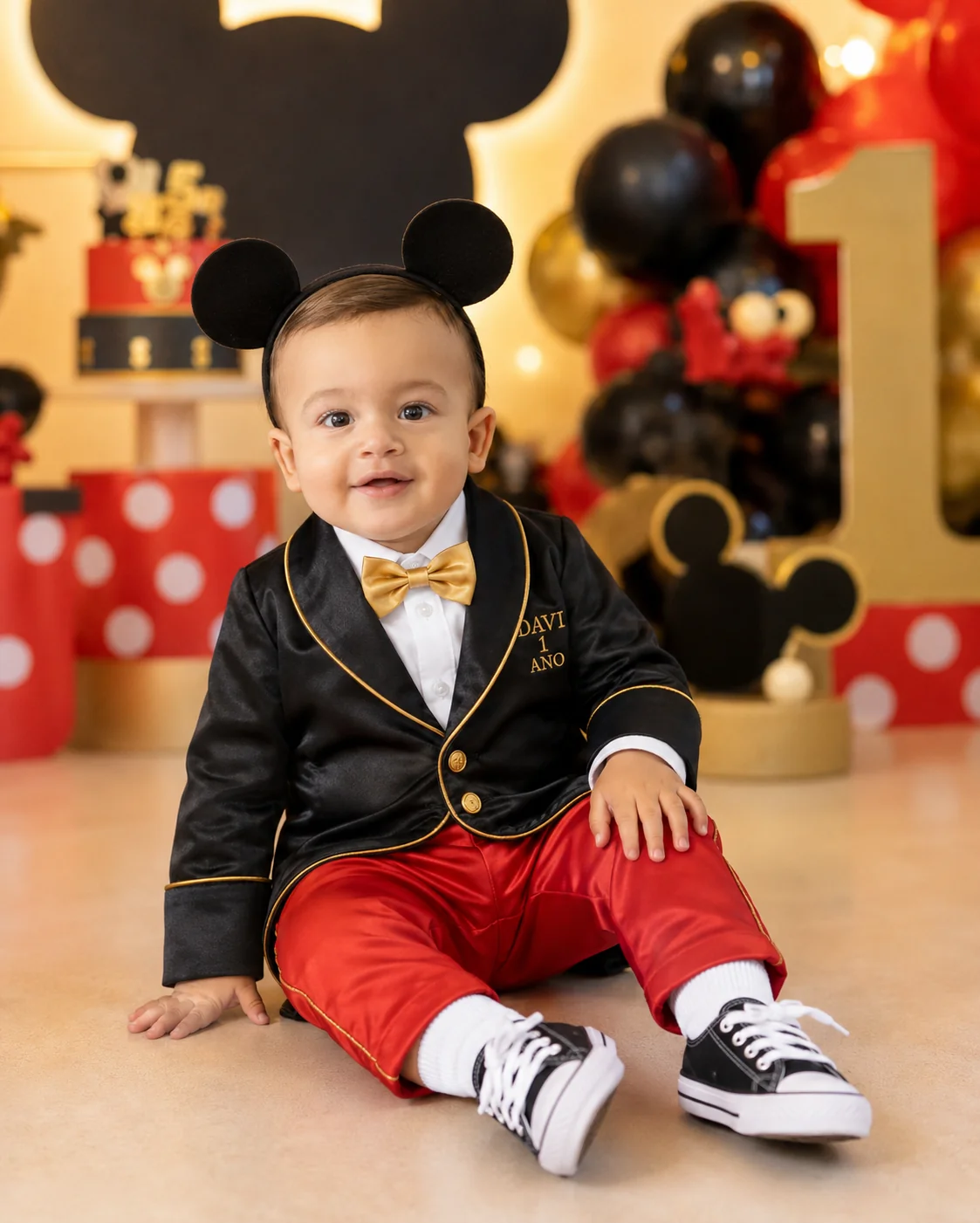 Conjunto Príncipe Luxo versão longa, calça vermelha, tema Mickey